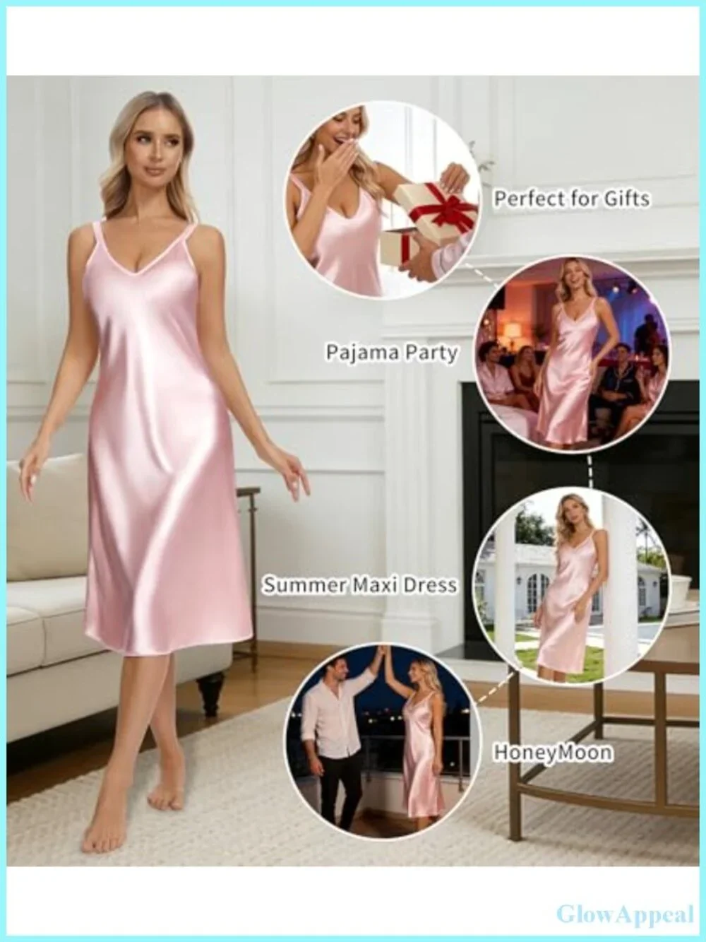 Women's Satin Sleeveless Nightgown V-Neck Slip Dress Wide Strap Lounge Wear